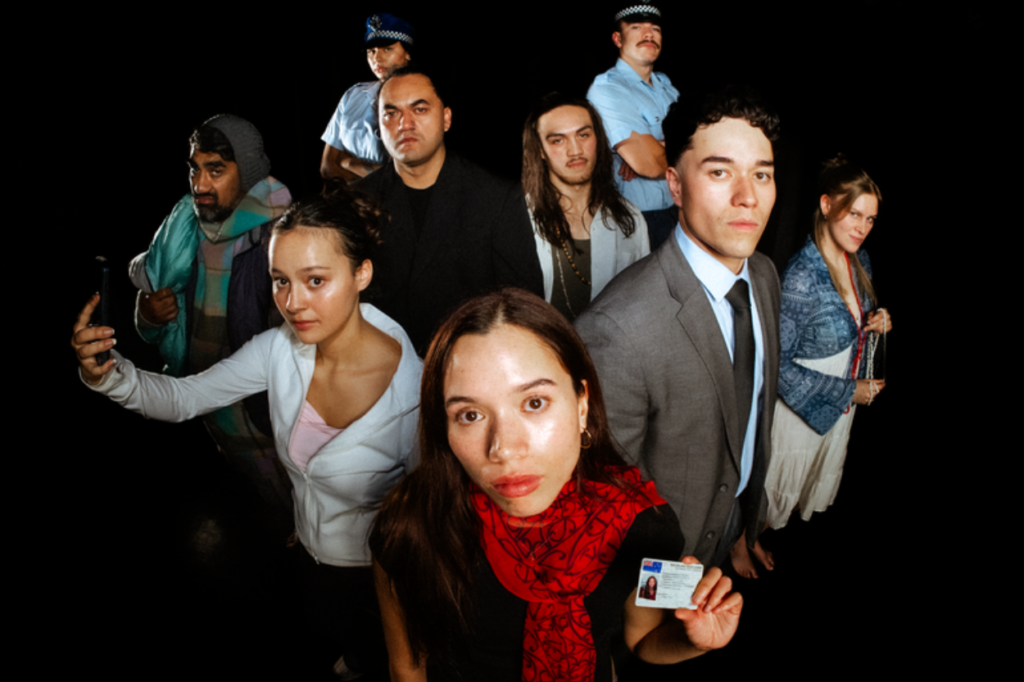 Promotional image for Waenga showing eight cast members against a black background. A young woman wearing a red scarf stands in the foreground holding an identification card, while other characters, including police officers, a lawyer and young adults, look towards the camera.