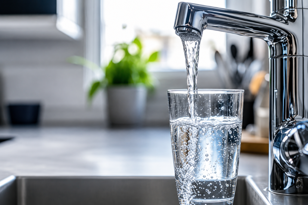 Water flows from a kitchen tap into a drinking glass on a sink bench.