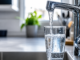 Water flows from a kitchen tap into a drinking glass on a sink bench.