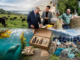 Montage of climate innovation scenes, including farmland, marine conservation, sustainable packaging, research activity and a coastal clean-up team.