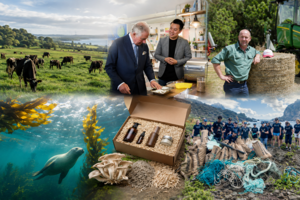 Montage of climate innovation scenes, including farmland, marine conservation, sustainable packaging, research activity and a coastal clean-up team.