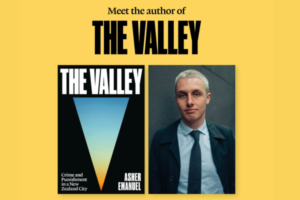 Alt text: Promotional poster for author Asher Emanuel's book The Valley, featuring the book cover alongside a portrait of the author and details of a signing event.