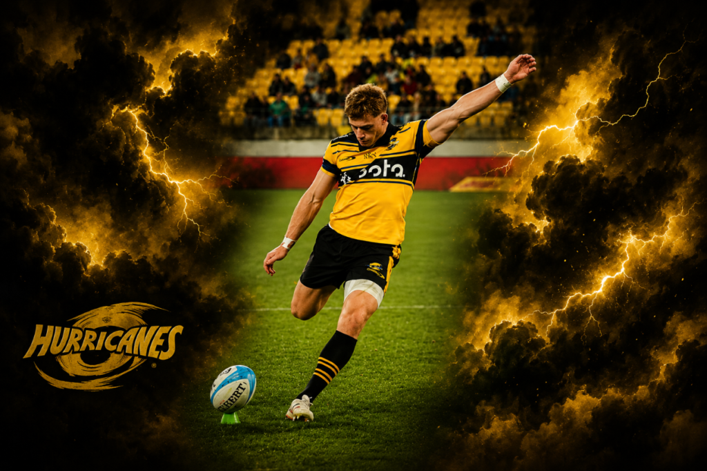 Hurricanes first five-eighth Ruben Love prepares to kick during the Hurricanes' dominant Super Rugby Pacific quarter-final victory over the ACT Brumbies in Wellington. The image is framed by dramatic black and gold storm clouds and lightning effects, reflecting the Hurricanes' name and commanding performance.