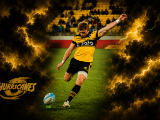 Hurricanes first five-eighth Ruben Love prepares to kick during the Hurricanes' dominant Super Rugby Pacific quarter-final victory over the ACT Brumbies in Wellington. The image is framed by dramatic black and gold storm clouds and lightning effects, reflecting the Hurricanes' name and commanding performance.