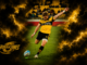 Hurricanes first five-eighth Ruben Love prepares to kick during the Hurricanes' dominant Super Rugby Pacific quarter-final victory over the ACT Brumbies in Wellington. The image is framed by dramatic black and gold storm clouds and lightning effects, reflecting the Hurricanes' name and commanding performance.