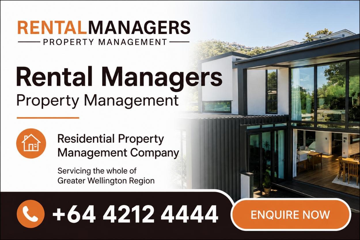 Business directory placard for Rental Managers Property Management, featuring a modern home image, orange and dark brown branding, phone number +64 4212 4444, and the wording “Residential Property Management Company” and “Servicing the whole of Greater Wellington Region.”