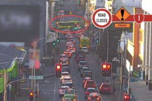 Traffic backed up on Vivian Street in central Wellington after a crash involving a bus and a car near Taranaki Street.