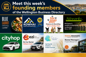 Alt text: Promotional graphic for Wellington News showing this week’s founding members of the Wellington Business Directory, with logos and images for Blue Carrot Catering, Kowhai Roof Restoration, Four Small Paws, Allworks, Cityhop, Ezi Car Rental, Intuitive Holistic and Rental Managers Property Management.