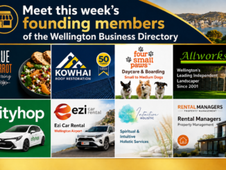 Alt text: Promotional graphic for Wellington News showing this week’s founding members of the Wellington Business Directory, with logos and images for Blue Carrot Catering, Kowhai Roof Restoration, Four Small Paws, Allworks, Cityhop, Ezi Car Rental, Intuitive Holistic and Rental Managers Property Management.