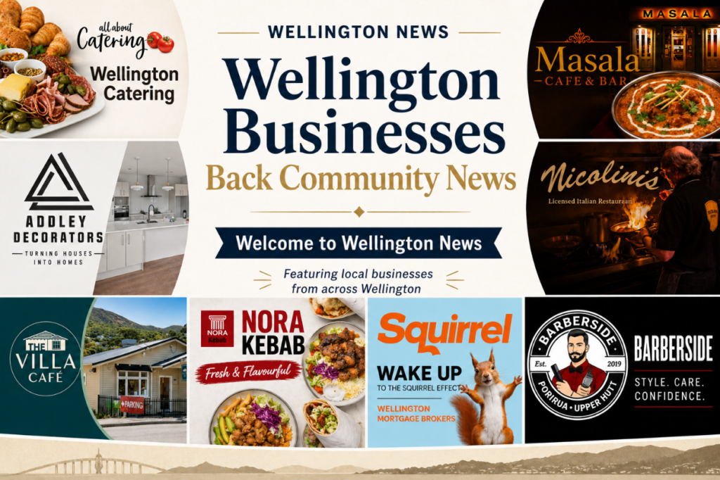 Graphic for the Wellington News Business Directory showing eight founding member businesses, including Squirrel, Nora Kebab, The Villa Cafe, Nicolini’s, Masala Cafe & Bar, Addley Decorators, Barberside and All About Catering.