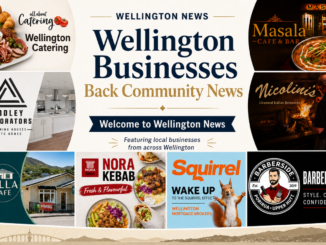 Graphic for the Wellington News Business Directory showing eight founding member businesses, including Squirrel, Nora Kebab, The Villa Cafe, Nicolini’s, Masala Cafe & Bar, Addley Decorators, Barberside and All About Catering.
