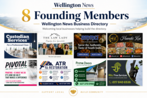Cover graphic for Wellington News showing eight founding members of the Wellington News Business Directory, including Custodian Services, The Law Lady, Ammu South Indian Restaurant, Havaiki Kai, Pivotal Print, ATR All Things Restoration, Prime Doors Wellington and R&J Tree Services.