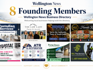 Cover graphic for Wellington News showing eight founding members of the Wellington News Business Directory, including Custodian Services, The Law Lady, Ammu South Indian Restaurant, Havaiki Kai, Pivotal Print, ATR All Things Restoration, Prime Doors Wellington and R&J Tree Services.