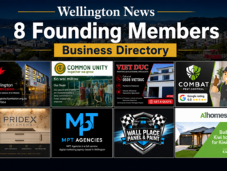 Alt text: Wellington News Business Directory cover image showing eight founding members: Wellington City Mission, Common Unity Project Aotearoa, VIETDUC Painting and Plastering, Combat Pest Control, PrideX Kitchens, MPT Agencies, Wall Place Panel and Paint, and A1homes Wellington.