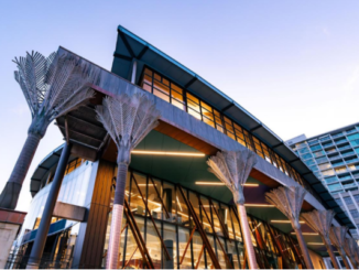 Te Matapihi ki te Ao Nui, Wellington’s central library, lit at dusk with its distinctive nikau palm columns visible outside.