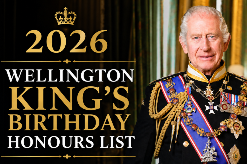 Graphic promoting the 2026 King's Birthday Honours List featuring King Charles III in ceremonial uniform beside gold and white text on a black background.
