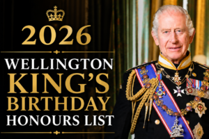 Graphic promoting the 2026 King's Birthday Honours List featuring King Charles III in ceremonial uniform beside gold and white text on a black background.