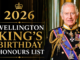 Graphic promoting the 2026 King's Birthday Honours List featuring King Charles III in ceremonial uniform beside gold and white text on a black background.