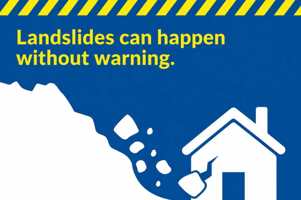 Graphic warning that landslides can happen without warning, showing rocks falling near a house.