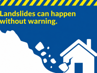 Graphic warning that landslides can happen without warning, showing rocks falling near a house.