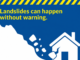 Graphic warning that landslides can happen without warning, showing rocks falling near a house.