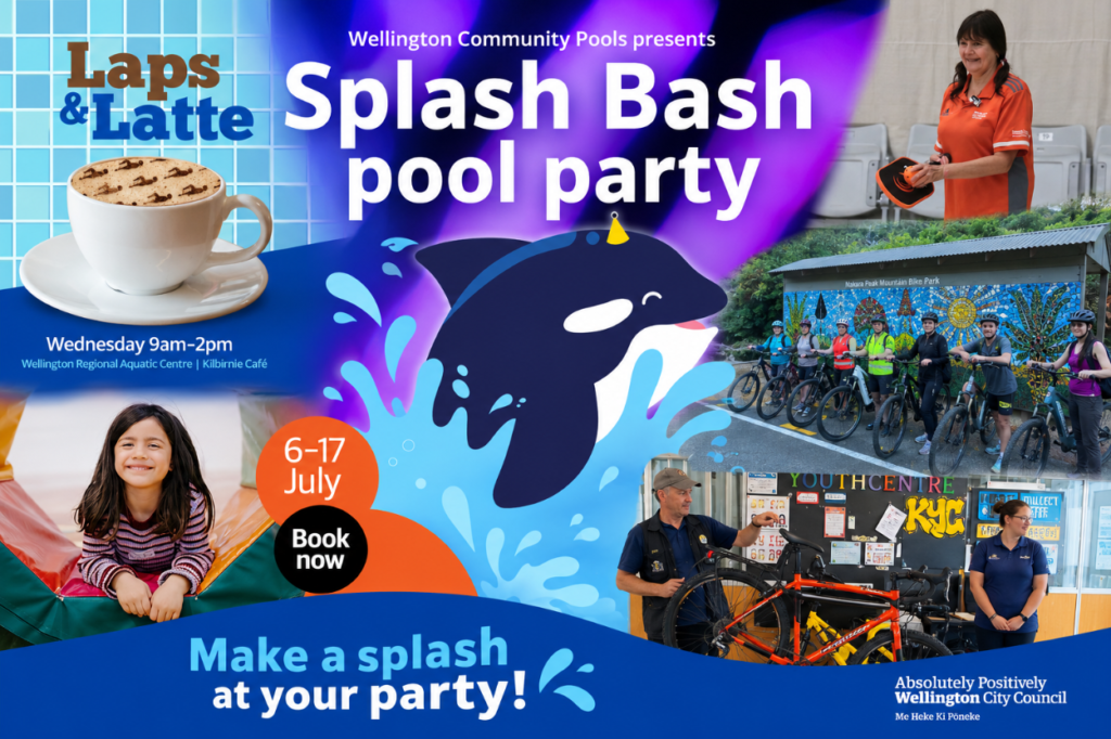 Promotional graphic for Wellington Community Pools and Active Wellington winter activities. A large cartoon orca splashes in the centre beneath the headline "Splash Bash pool party". Surrounding images show a cup of coffee promoting Laps & Latte, cyclists on a group ride, a bike repair workshop, a child at a holiday programme, and a pool staff member. Dates, times and booking information for community recreation activities are included.