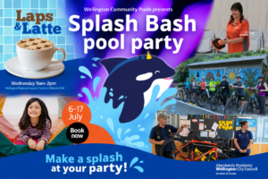 Promotional graphic for Wellington Community Pools and Active Wellington winter activities. A large cartoon orca splashes in the centre beneath the headline "Splash Bash pool party". Surrounding images show a cup of coffee promoting Laps & Latte, cyclists on a group ride, a bike repair workshop, a child at a holiday programme, and a pool staff member. Dates, times and booking information for community recreation activities are included.