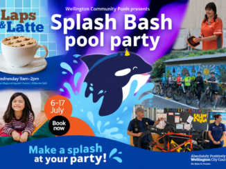 Promotional graphic for Wellington Community Pools and Active Wellington winter activities. A large cartoon orca splashes in the centre beneath the headline "Splash Bash pool party". Surrounding images show a cup of coffee promoting Laps & Latte, cyclists on a group ride, a bike repair workshop, a child at a holiday programme, and a pool staff member. Dates, times and booking information for community recreation activities are included.