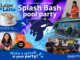 Promotional graphic for Wellington Community Pools and Active Wellington winter activities. A large cartoon orca splashes in the centre beneath the headline "Splash Bash pool party". Surrounding images show a cup of coffee promoting Laps & Latte, cyclists on a group ride, a bike repair workshop, a child at a holiday programme, and a pool staff member. Dates, times and booking information for community recreation activities are included.