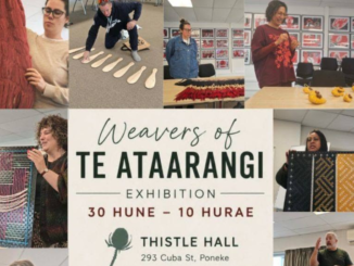 Poster for Weavers of Te Ataarangi exhibition at Thistle Hall, showing people with woven artworks and exhibition details.