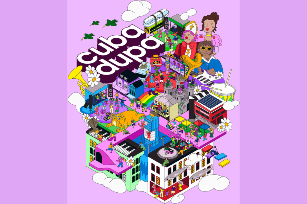 Colourful CubaDupa 2027 festival artwork showing illustrated performers, dancers, musicians, buildings, crowds, instruments, birds and the CubaDupa logo on a pink background.