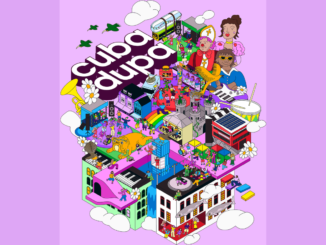 Colourful CubaDupa 2027 festival artwork showing illustrated performers, dancers, musicians, buildings, crowds, instruments, birds and the CubaDupa logo on a pink background.