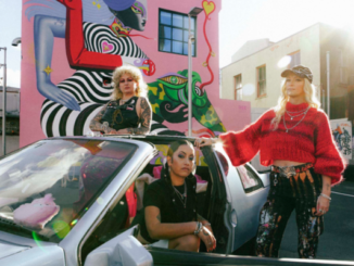 Dreamgirls Art Collective members pose beside a car in front of a colourful Matariki-inspired mural in central Wellington.