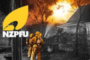 NZPFU graphic showing firefighters working at a house fire, used with a story about the union cancelling its Wellington strike during severe weather.