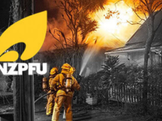 NZPFU graphic showing firefighters working at a house fire, used with a story about the union cancelling its Wellington strike during severe weather.