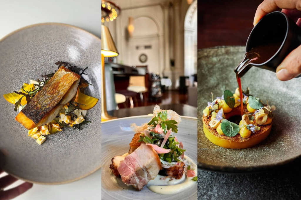 Three plated dishes from Wellington restaurants recognised in the Michelin Guide, including a fish dish, a meat dish and a dessert being served with sauce.