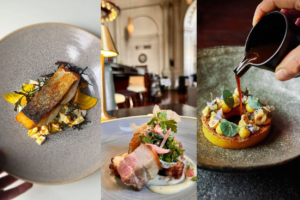 Three plated dishes from Wellington restaurants recognised in the Michelin Guide, including a fish dish, a meat dish and a dessert being served with sauce.