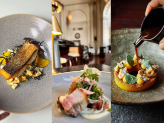 Three plated dishes from Wellington restaurants recognised in the Michelin Guide, including a fish dish, a meat dish and a dessert being served with sauce.