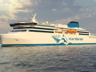 Artist's impression of one of the new Interislander rail ferries that will enter service on Cook Strait in 2029.