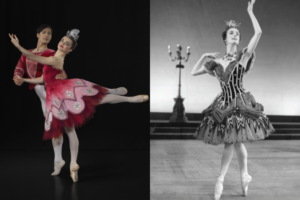 Principal Kihiro Kusukami supports First Artist Catarina Estevez Collins in a red ballet costume, beside a black-and-white archival image of a ballerina performing on pointe.