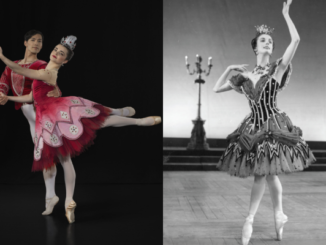 Principal Kihiro Kusukami supports First Artist Catarina Estevez Collins in a red ballet costume, beside a black-and-white archival image of a ballerina performing on pointe.