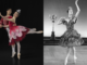 Principal Kihiro Kusukami supports First Artist Catarina Estevez Collins in a red ballet costume, beside a black-and-white archival image of a ballerina performing on pointe.