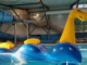 Large blue and yellow inflatable sea creature floating in an indoor swimming pool.