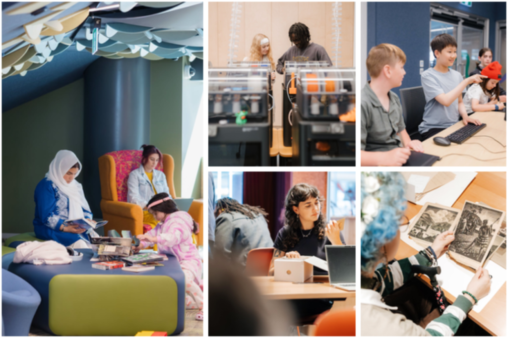 Collage of people using Wellington’s central library, including reading areas, Makerspaces, computers and archive material.