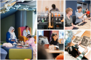 Collage of people using Wellington’s central library, including reading areas, Makerspaces, computers and archive material.