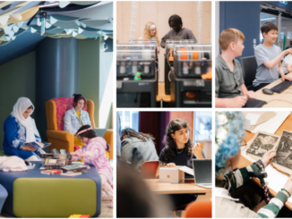 Collage of people using Wellington’s central library, including reading areas, Makerspaces, computers and archive material.