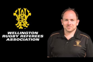 Wellington Rugby Referees Association graphic showing the WRRA logo beside a referee official in a black WRRA polo shirt.