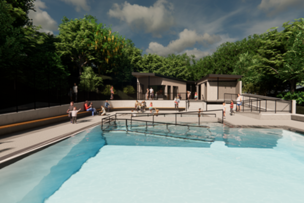 Artist’s impression of the redeveloped Khandallah Pool showing the proposed outdoor pool area, surrounding seating, accessible pathways and new facilities surrounded by greenery.