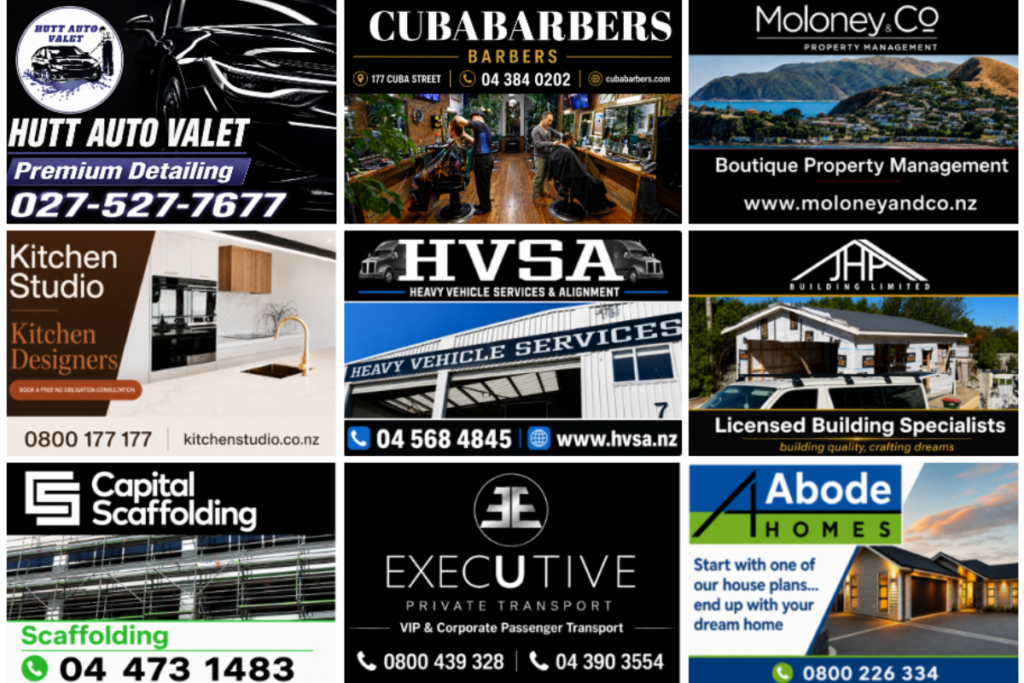 Wellington News Business Directory collage featuring Hutt Auto Valet, Cuba Barbers, Moloney & Co Property Management, Kitchen Studio, HVSA, JHP Building, Capital Scaffolding, Executive Private Transport and Abode Homes.