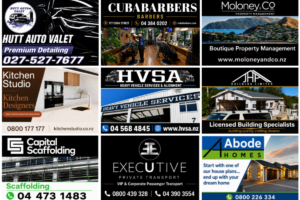 Wellington News Business Directory collage featuring Hutt Auto Valet, Cuba Barbers, Moloney & Co Property Management, Kitchen Studio, HVSA, JHP Building, Capital Scaffolding, Executive Private Transport and Abode Homes.